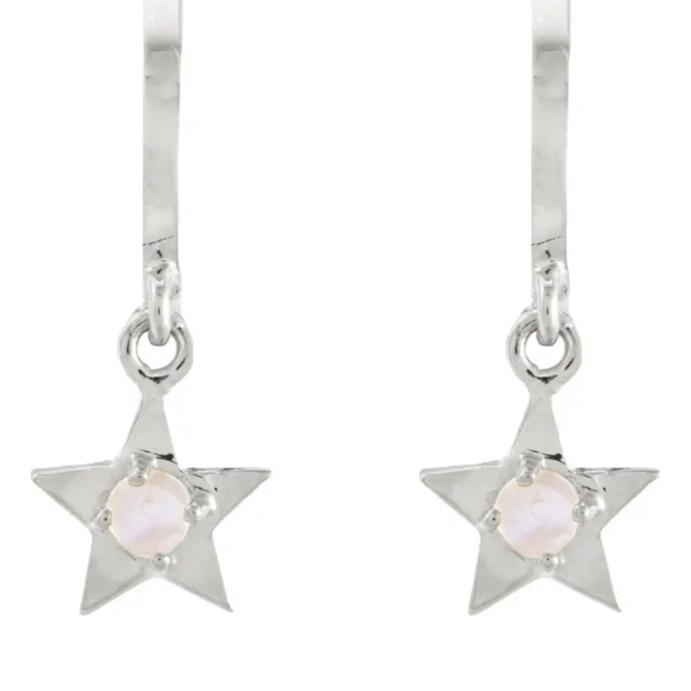 White Rhodium Plated Sterling Silver Moonstone Star Drop Huggie Hoop Earrings
